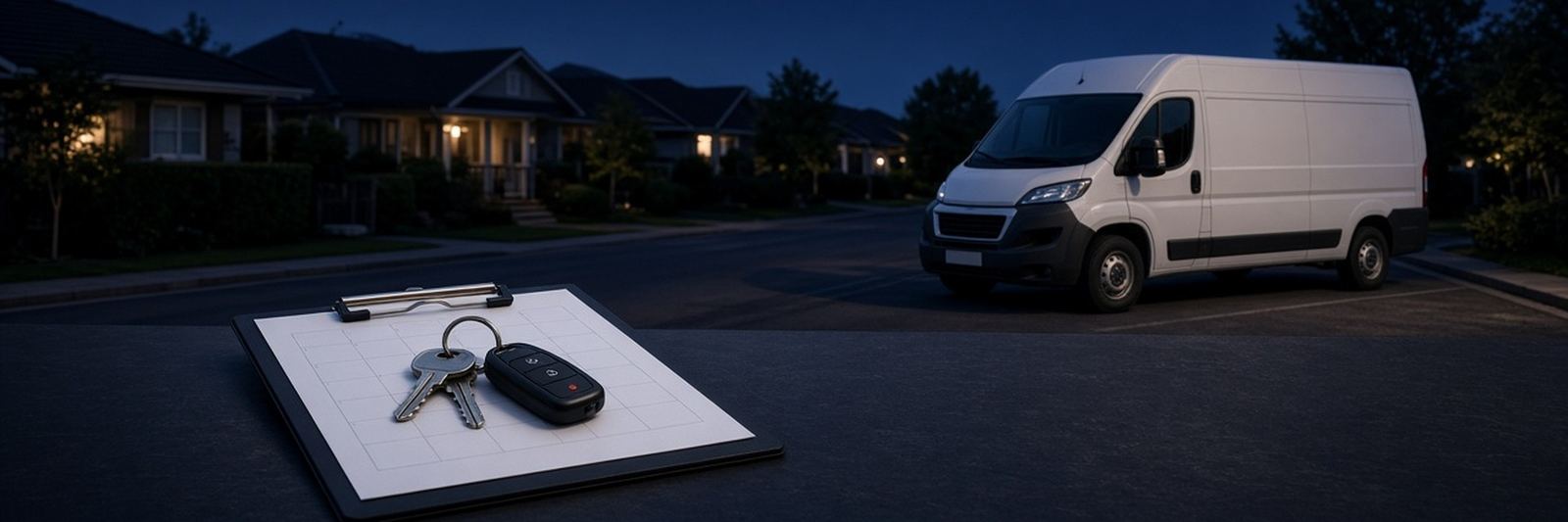 Father & Son Locksmith service van parked on a street at night